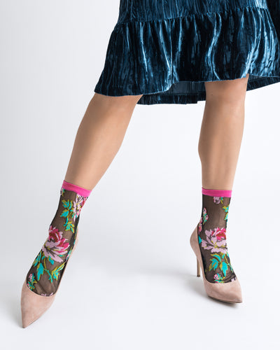 Sock Candy English Rose Floral sheer black socks fashion socks